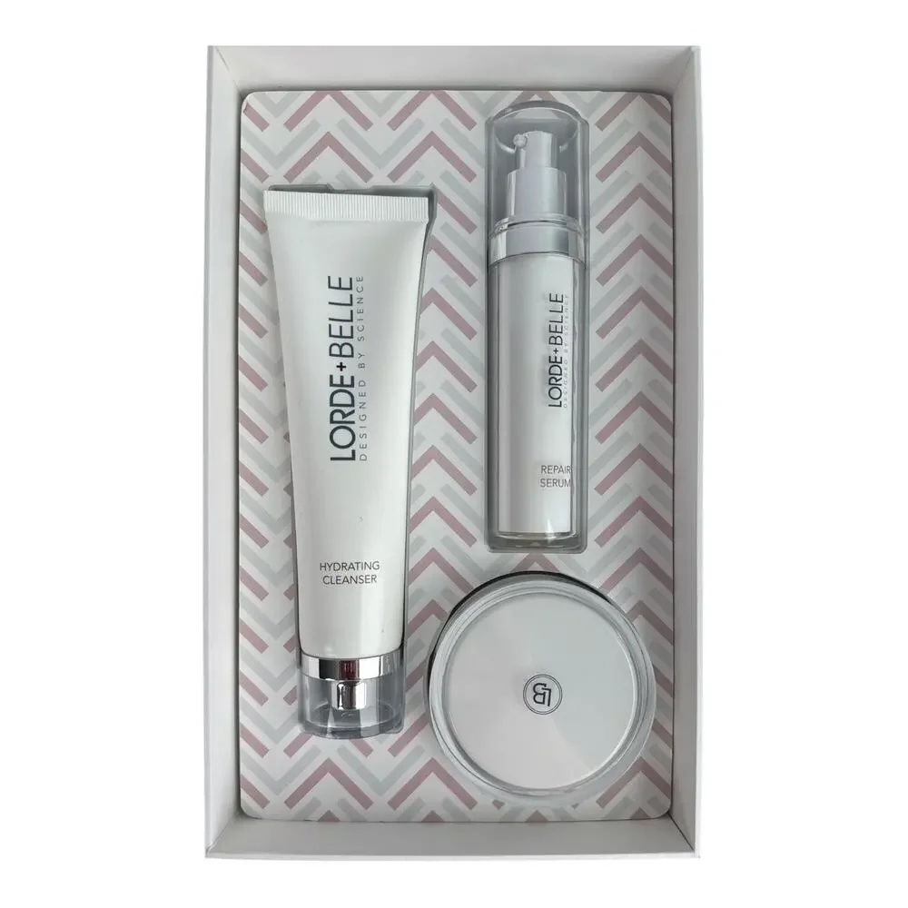 Lorde + Belle 3-Piece Skincare Set Cleanser Repair Serum Hydra-V Moisturizer NWT
